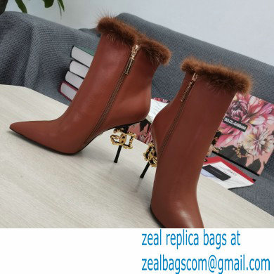 Dolce  &  Gabbana Mink Fur Thin Heel 10.5cm Leather Ankle Boots Brown with Baroque DG Heel 2021